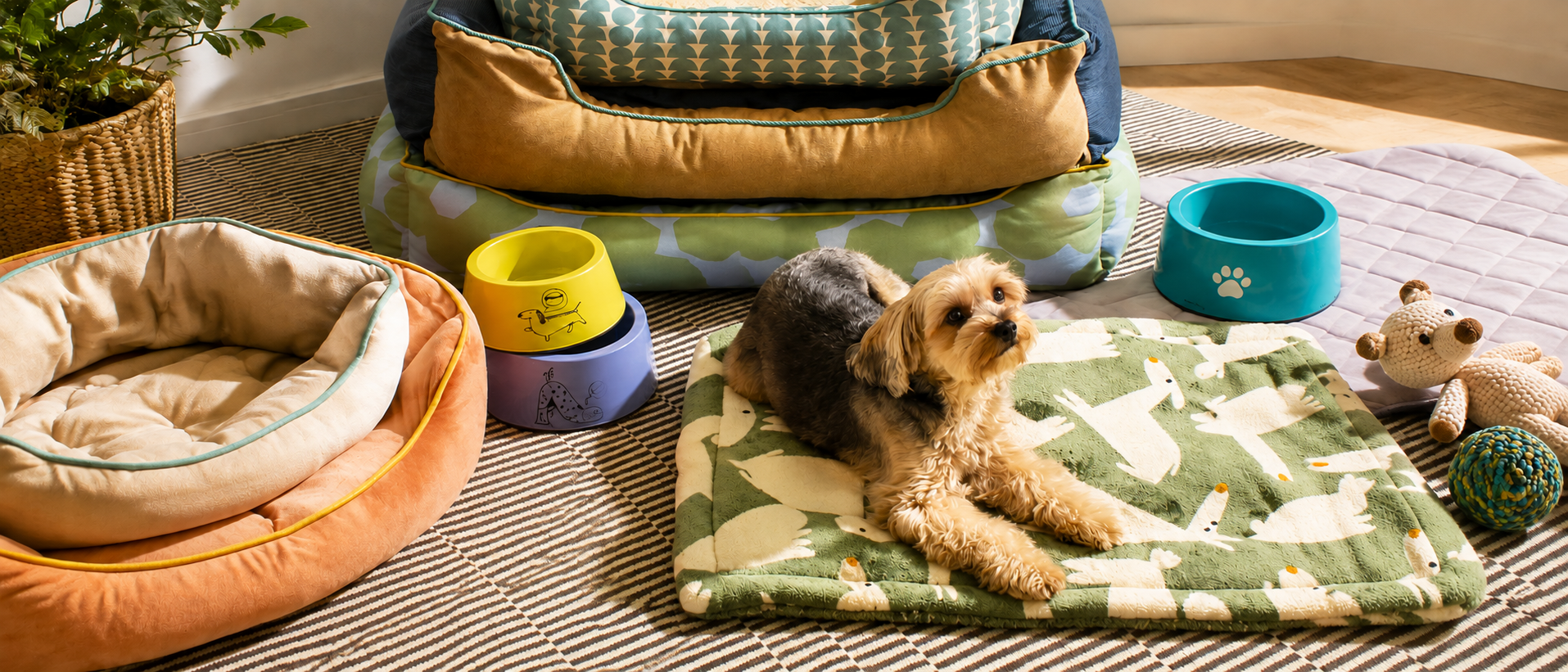Colorful pet beds, bowls and everyday pet essentials